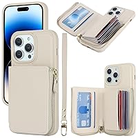 for iPhone 14 Pro Case with Card Holder for Women, for iPhone 14 Pro Phone Case Wallet with Strap, Zipper Case Cover with Coin Pocket Lanyard Compatible with iPhone 14 Pro - Beige