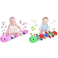 Baby Toys 0 to 12 Months, Musical Stuffed Animal Toys for 0-3-6-12 Months, Soft Sensory Toys with Crinkle and Rattles, Infant Tummy Time Toys for Newborn Boys Girls (Pink, Green)