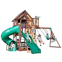 Backyard Discovery Skyfort All Cedar Swing Set, Elevated Covered Wood Roof Clubhouse with Bay Windows, 2 Belt Swings, Web Swing, 10ft Wave Slide, 5 ft Tube Slide, Covered Picnic Table, 5 ft Rock Wall
