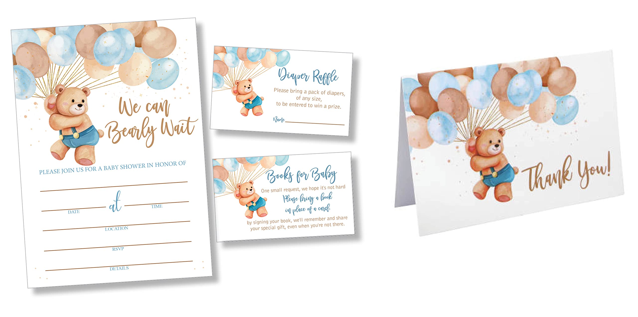 25 Teddy Bear Balloon Up Up and Away Can Bearly Wait Boy Baby Shower Invitations (Large Size 5X7 inches), Diaper Raffle Tickets, Book Request Cards with Envelopes and 50 Matching Thank You Cards Boxed
