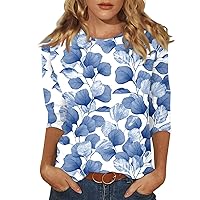 3/4 Sleeve Blouses for Women Crew Neck Summer Spring Tops Tunic Shirts Half Sleeve Tshirts Floral Print Outfits Clothes
