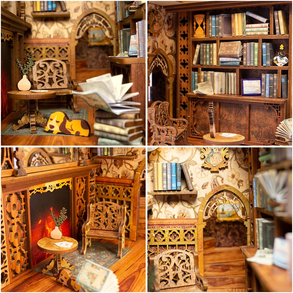 CUTEBEE DIY Book Nook Kit, DIY Dollhouse Booknook Bookshelf Insert Decor Alley, Bookends Model Build-Creativity Kit with LED Light (Eternal Bookstore)(Elves Library)