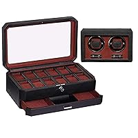 Gift Set 12 Slot Leather Watch Box with Valet Drawer & Matching Double Watch Winder - Luxury Watch Case Display Organizer, Locking Mens Jewelry Watches Holder, Men's Storage Boxes Glass Top Black/Red