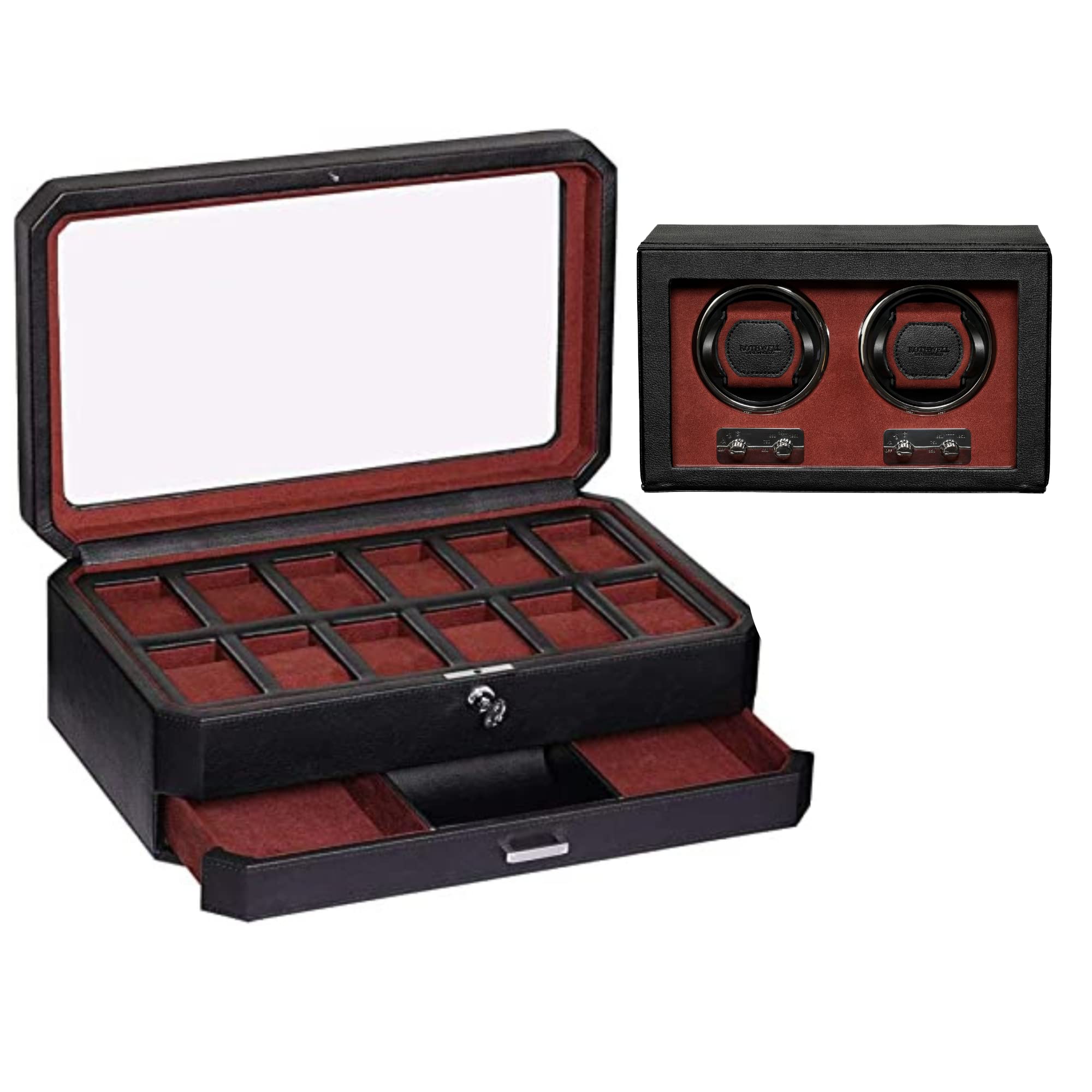 Gift Set 12 Slot Leather Watch Box with Valet Drawer & Matching Double Watch Winder - Luxury Watch Case Display Organizer, Locking Mens Jewelry Watches Holder, Men's Storage Boxes Glass Top Black/Red