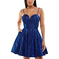Womens Juniors Shimmer Mini Fit & Flare Dress Blue 1/2