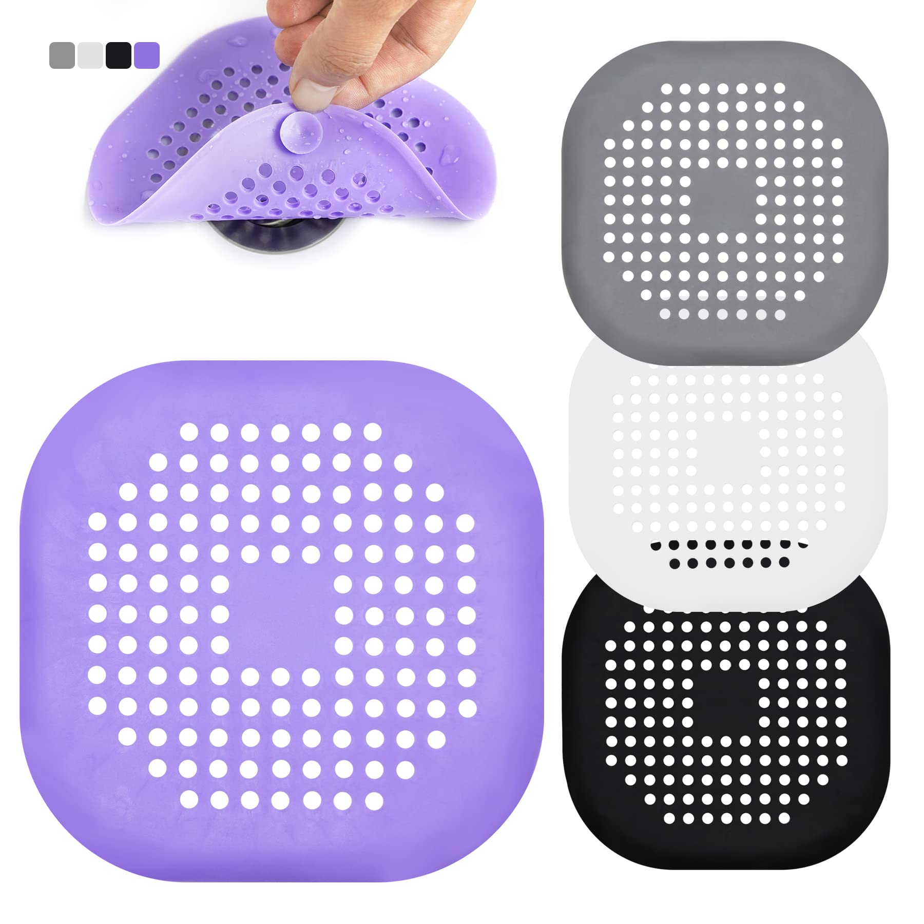 Hair Catcher Durable Silicone Square Shower Drain Hair Stopper Covers Easy to Install and Clean Suit for Bathroom Bathtub and Kitchen 4Pack