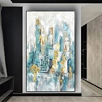 HOLEILUCK Abstract Poster Modern Oil Paintings Blue And Gold Foil Speckled Pattern Wall Art Picture Prints for Living Room 75x125cm/30x49inch With-Golden-Frame