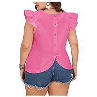 Floerns Women's Plus Size Ruffle Trim Round Neck Cap Sleeve Button Back Causal Blouse Tops