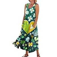 St Patrick Dress for Women,2024 Fashion Shamrock Prints Green Vacation Long Dress Sleeveless Crew Neck Swing Pocketed Dresses