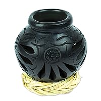 NOVICA Handmade Barro Negro Decorative Vase Mexican with Reed Base Black Ceramic Floral Folk Art 'Oaxaca Pottery Bloom'