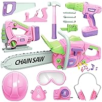 Kids Tool Set with Electric Toy Drill Chainsaw Jigsaw Toy Tools for Girl, Realistic Kids Power Construction Pretend Play Tools Set Toddler Toys Playset Kit for Toddler Boy Girl Kid Child Tool Toy Pink