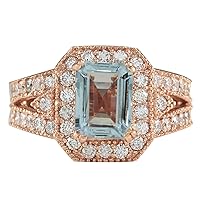 3.12 Carat Natural Blue Aquamarine and Diamond (F-G Color, VS1-VS2 Clarity) 14K Rose Gold Cocktail Ring for Women Exclusively Handcrafted in USA