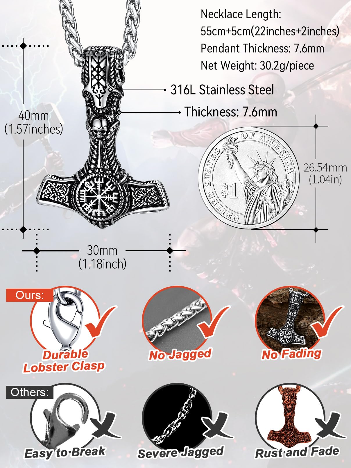 FaithHeart Viking Thor's Hammer Talisman Necklace for Men, Vintage Norse Mjolnir Amulet Pendant with Sturdy Wheat Chain, Stainless Steel Jewelry (Gift Box)