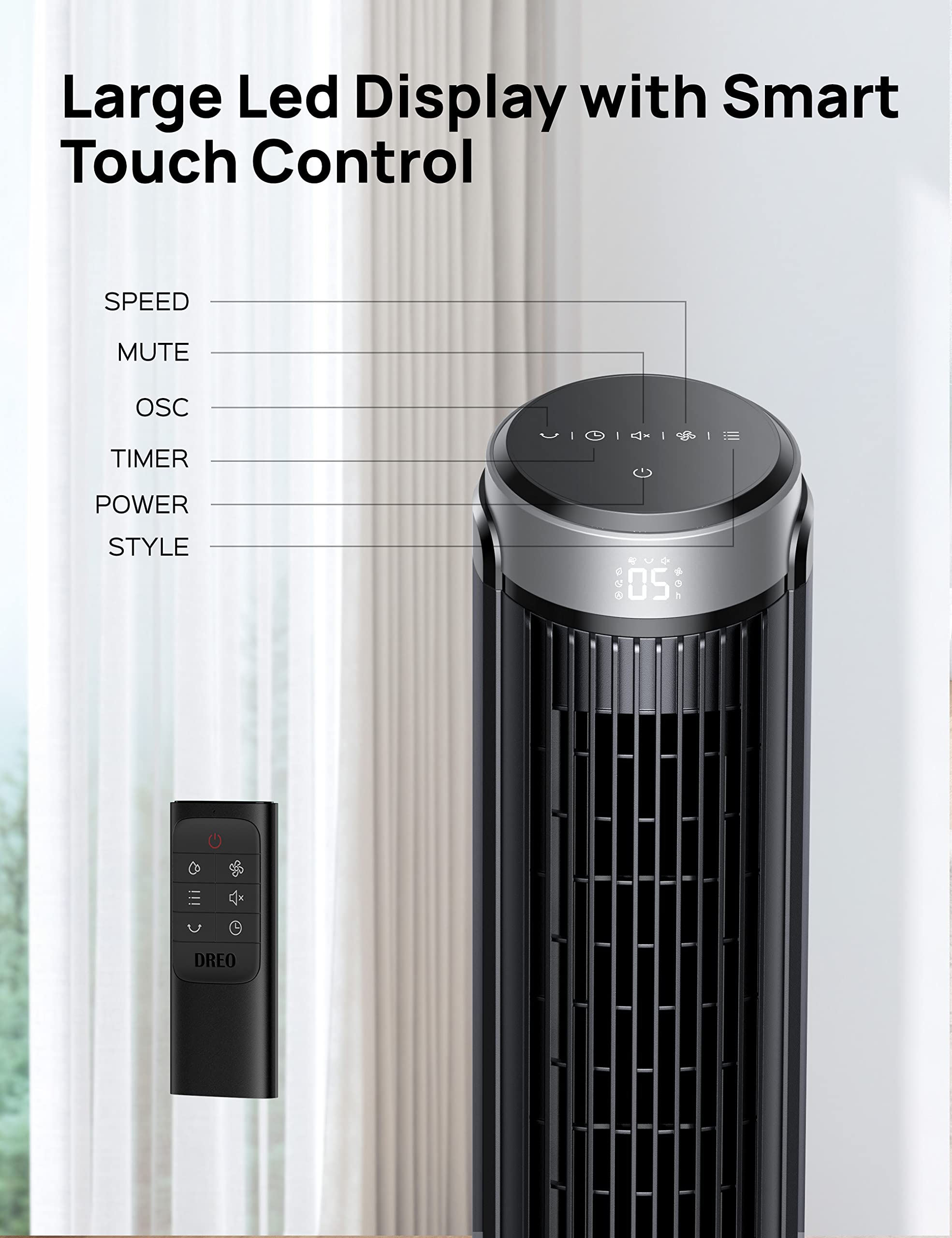 Dreo Tower Fans for Home, 90° Oscillating Fans for indoors, 4 Modes 5 Speeds, 12H Timer, Space-Saving, LED Display with Touch Control, 40 Inch Quiet Bladeless Standing Floor Fan for bedroom Office