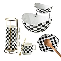 Stackable Coffee Mug Set of 4 with Rack 11 oz Tea Cup Set with Tea Spoon Perfect for Coffee, Tea, Cocoa, Milk Chessboard Black and White Pattern Coffee Mug as Christmas Gifts
