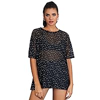 WDIRARA Women's Glitter Sheer See Through Short Sleeve Mesh Top Tee Blouse