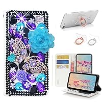 STENES Bling Wallet Phone Case Compatible with Samsung Galaxy Z Fold 4 5G Case - Stylish - 3D Handmade Rose Butterfly Flowers Design Leather Cover with Ring Stand Holder [2 Pack] - Violet
