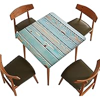 Square Fitted Wood Texture Tablecloth, Blue Wood Grain Elastic Edge Decor Polyester Table Clothes, Waterproof Stain Resistant Tablecloths for Family Kitchen Living Room, Fits 30