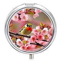 Round Pill Box Portable Pill Case for Pocket Bird in Peach Tree Travel Small Pill Organizer 3 Compartment Metal Pill Container Holder for Medicine Vitamins Fish Oil Supplements