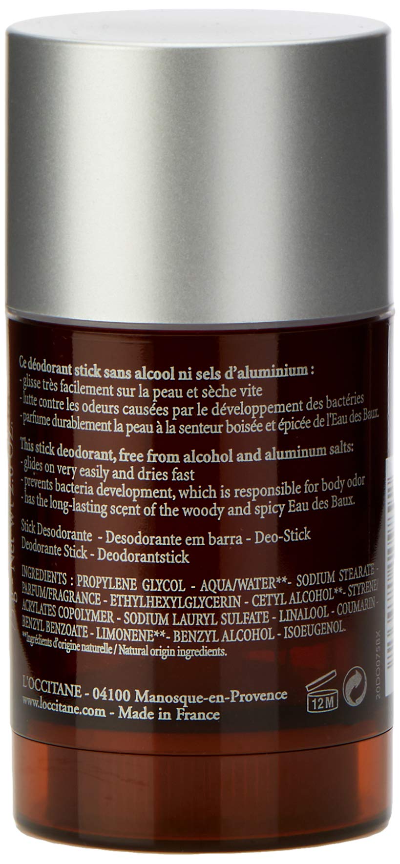 L'Occitane Eau des Baux Stick Deodorant, 2.6 Oz.: Alcohol-Free, Dries Quickly, Fresh Cypress Scent, Help Prevent Odors