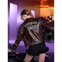 Women's Jackets Letter Rhinestone Drop Shoulder Leather Jacket Lightweight Fashion (Color : Chocolate Brown, Size : X-Small)