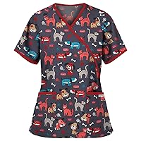 Print Working Uniforms for Women Patterned Crew Neck Short Sleeve Tee Shirt Comfy Oversized Shirts for Women