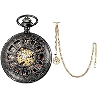 SIBOSUN Skeleton Pocket Watch with Antique Life Tree Pendant Design Charm Fob T-Bar Chain Gold