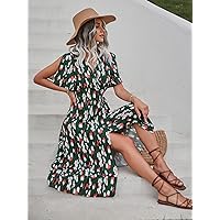 TLULY Dress for Women Allover Print Split Sleeve Belted Dress (Color : Dark Green, Size : Small)
