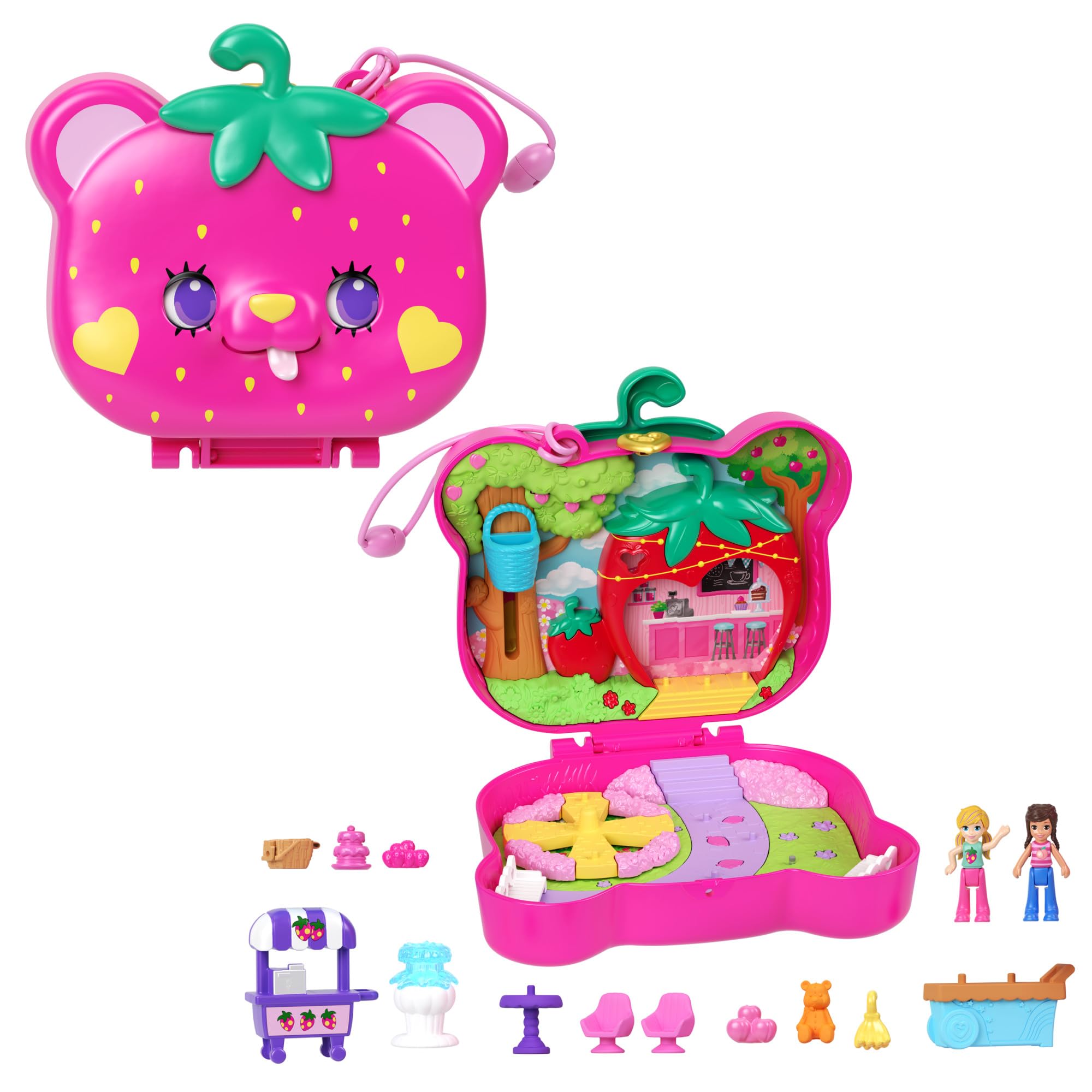 Polly Pocket Dolls and Playset, Travel Toy with Fidget Exterior, Straw-beary Patch Compact with 12 Accessories