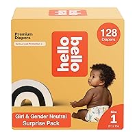 Hello Bello Premium Diapers, Size 1 (8-12 lbs) Surprise Pack for Girls - 128 Count, Hypoallergenic with Soft, Cloth-Like Feel - Assorted Girl & Gender Neutral Patterns