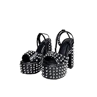 Frankie Hsu Goth Black Platform Chunky High Heel Sandal, Large Big Size Metal Rivet Block High Heeled Ankle Strap Sandal Shoes For Women