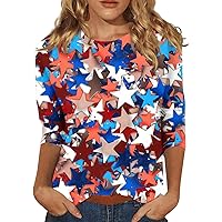 Women's Fashion Casual Three Quarter Sleeve Independence Day Print Round Neck Casual Basic Fashion Trendy Top