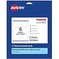 Avery Durable Waterproof Round Labels with Sure Feed, Print to The Edge, 3