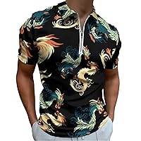 Dragon Polo Shirts for Men Zip Up Short Sleeve Golf Shirt Casual Collared T Shirt