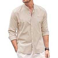 COOFANDY Men's Linen Shirts Long Sleeve Banded Collar Casual Button Down Shirts