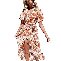 Miessial Women's Summer Floral Print Wrap Maxi Dress Casual Bohemian Split Long Dress (Orange Floral, 6-8)