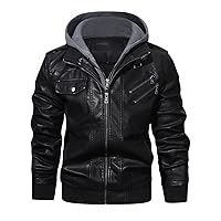 HOOD CREW Men’s Casual Stand Collar PU Faux Leather Zip-Up Motorcycle Bomber Jacket With a Removable Hood