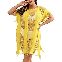 Women's Swimsuit Cover Up Plus Size Sexy Hollow Out Split Irregular Blouse Swimsuit Coverups, One Size