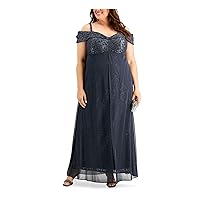 R&M Richards Womens Gray Zippered Sheer Lined Slitted Padded Floral Short Sleeve Off Shoulder Full-Length Formal Gown Dress Plus 18W