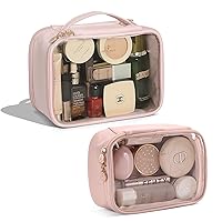 Pocmimut Clear Makeup Bag,Travel Makeup Bag - Leather Double Layer Make Up Bag Clear Cosmetic Bag with Zipper(Pink)