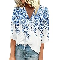 Womens Blouse Beach Summer Trendy 3/4 Sleeve Shirts Lace V Neck Dressy Tops Trendy Summer Floral Blouses