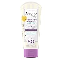 Aveeno Baby Continuous Protection Zinc Oxide Mineral Sunscreen Lotion for Sensitive Skin with Broad Spectrum SPF 50, Tear-Free, Sweat- & Water-Resistant, Travel-Size, 3 fl. Oz