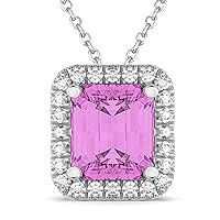(3.11ct) 14k White Gold Emerald-Cut Pink Sapphire and Diamond Accented Halo Pendant Necklace