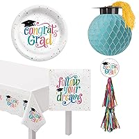 Graduation Party Supplies and Decorations for 20 People | Bundle Includes Paper Dinner Plates, Lunch Napkins, Table Cover, and Hanging Decoration | Follow Your Dreams Grad Design
