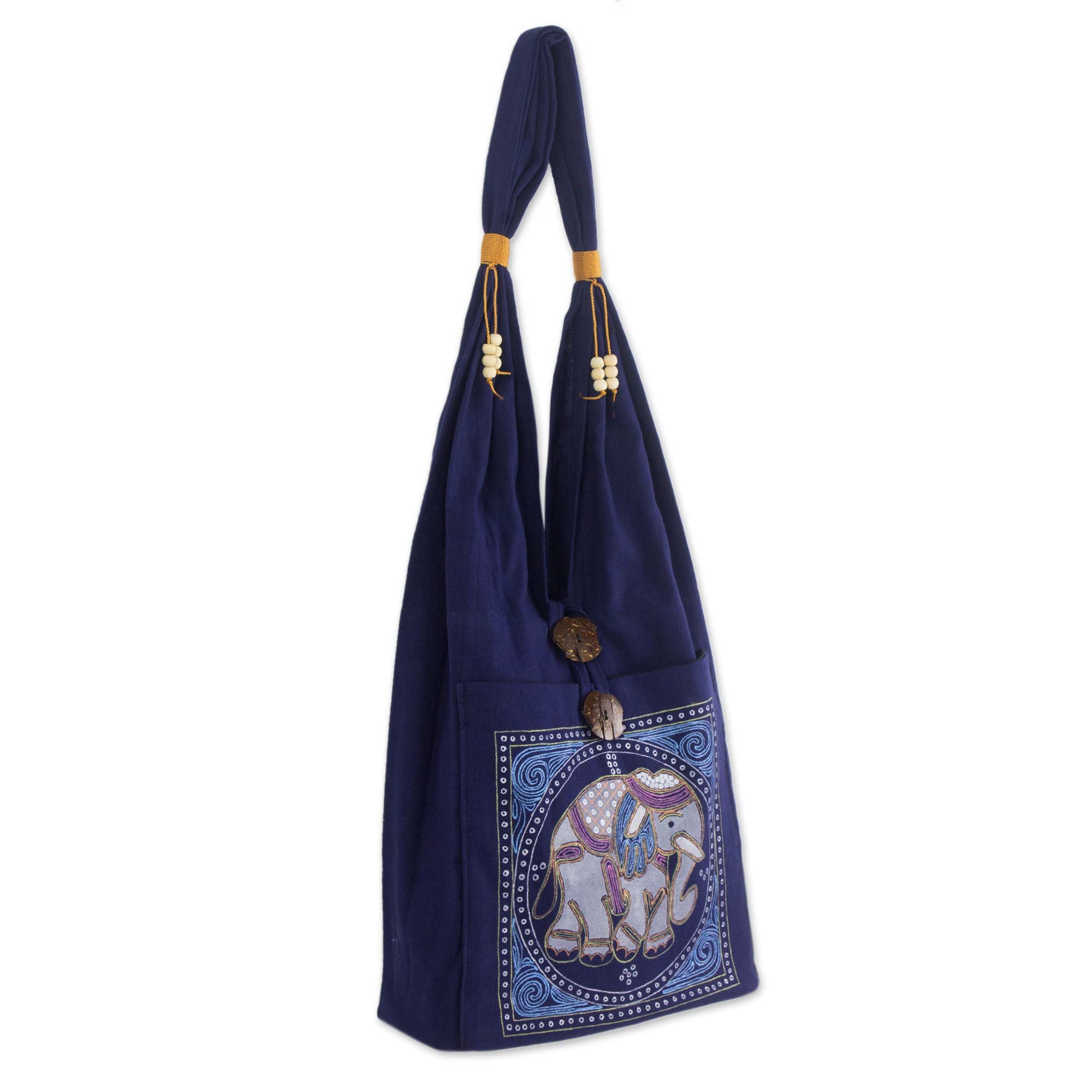 NOVICA Handcrafted Cotton Handbag Shoulder Handbags Blue Royal Classic Snorkel Patterned Thailand Animal Themed Elephant 'Lucky Elephant'