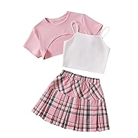 OYOANGLE Girl's 3 Piece Outfits Cami Tops & High Low Hem Short Sleeve T Shirt with Plaid Pleated Skirt Sets