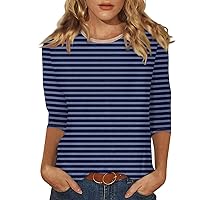 Women's 3/4 Sleeve Shirts 2024 Fashion Striped Tops Casual Crewneck Tee Losse Fit T-Shirt Dressy Tunic Tops Blouses