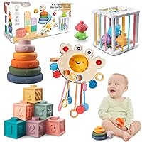 Montessori Baby Toys for Ages 6-18 Months - Pull String Teether, Stacking Blocks, Sensory Shapes & Storage Bin, Infant Bath Time Fun, 4 in 1 Toddlers Toy Gifts for 1 2 3 Year Old Boys Girls