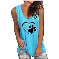 Tank Tops for Women Casual Trendy Heart and Paw Print Sleeveless Blouses Summer V Neck Loose Comfy Tunic Shirts