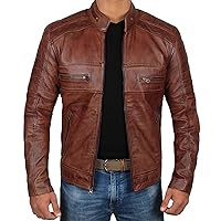 Decrum Brown Leather Jacket Mens - Cafe Racer Real Lambskin Leather Distressed Motorcycle Jacket
